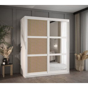 Rena II: Mirrored Sliding Door Wardrobe with Viennese Braid Pattern (H2000mm W1500mm D620mm) - White Matt