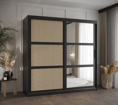 Rena II: Mirrored Sliding Door Wardrobe with Viennese Braid Pattern (H2000mm W1800mm D620mm) - Black Matt