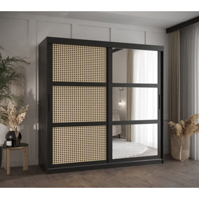 Rena II: Mirrored Sliding Door Wardrobe with Viennese Braid Pattern (H2000mm W1800mm D620mm) - Black Matt