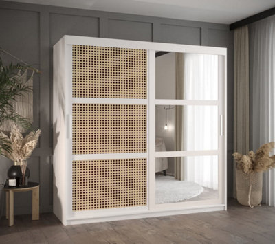 Rena II: Mirrored Sliding Door Wardrobe with Viennese Braid Pattern (H2000mm W1800mm D620mm) - White Matt