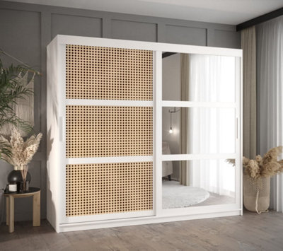 Rena II: Mirrored Sliding Door Wardrobe with Viennese Braid Pattern (H2000mm W2000mm D620mm) - White Matt