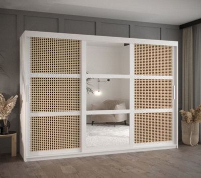 Rena II: Mirrored Sliding Door Wardrobe with Viennese Braid Pattern (H2000mm W2500mm D620mm) - White Matt