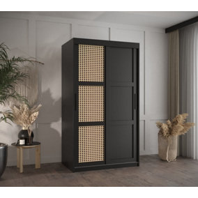 Rena II: Sliding Door Wardrobe with Panelling and Viennese Braid Pattern (H2000mm W1000mm D620mm) - Black Matt