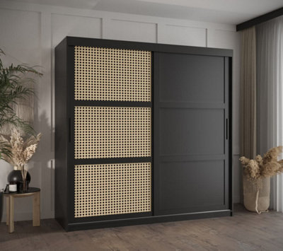 Rena II: Sliding Door Wardrobe with Panelling and Viennese Braid Pattern (H2000mm W1800mm D620mm) - Black Matt