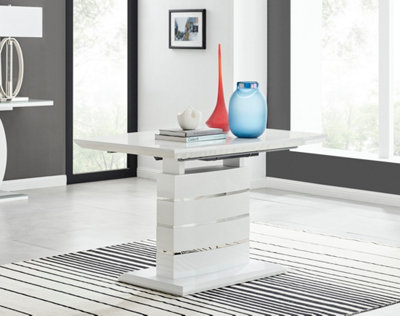 Renato 120 - 160cm 4 6 Seater White High Gloss Extending Dining Table with Chrome Accents and Statement Structural Plinth Leg