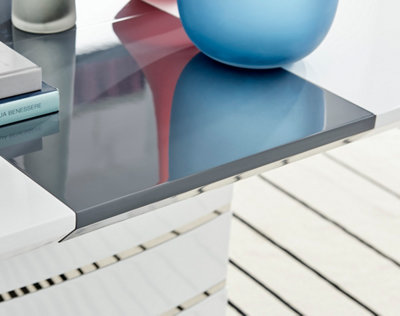 Renato 120 - 160cm 4 6 Seater White High Gloss Extending Dining Table with Chrome Accents and Statement Structural Plinth Leg
