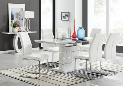 White high gloss extending shop dining table and 6 chairs