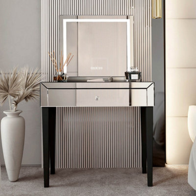silver dressing table mirror with lights Laguna Silver Dressing Table With Zara Black LED Mirror & Alaya Boucl Stool
