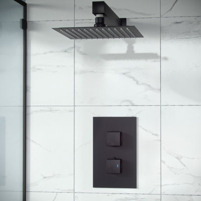 Rennes Concealed Thermostatic Overhead 250mm Square Rainfall Shower Mixer Set Matte Black
