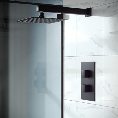 Rennes Concealed Thermostatic Overhead 250mm Square Rainfall Shower Mixer Set Matte Black - 3