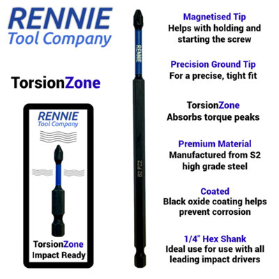 Rennie Tools PZ2 Schlagschrauber-Bits – 10er Set, 150 Mm Lang, Magnetisch, Aus S2-Stahl Für Hohes Drehmoment