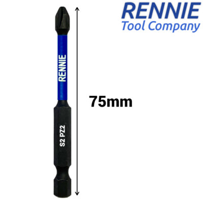 Rennie Tools 10 Pack PZ2 x 75mm Long Magnetic Impact Driver Screwdriver Bits Set Pozidriv (Pozi 2)