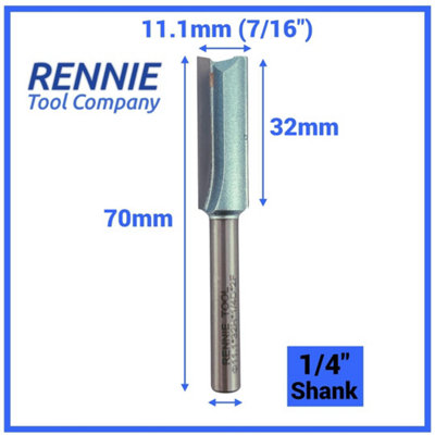Rennie Tools - 11.1mm (7/16") Cutting Diameter x 32mm Flute x 1/4" Shank TCT Tipped 2 Flute Straight Router Cutter Bit.