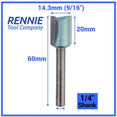 Rennie Tools - 14.3mm (9/16") Cutting Diameter x 20mm Flute x 1/4" Shank TCT Tipped 2 Flute Straight Router Cutter Bit.