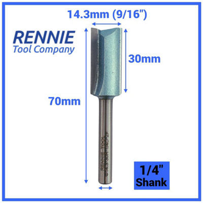 Rennie Tools - 14.3mm (9/16") Cutting Diameter x 30mm Flute x 1/4" Shank TCT Tipped 2 Flute Straight Router Cutter Bit.