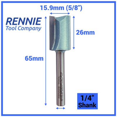 Rennie Tools - 15.9mm (5/8") Cutting Diameter x 25mm Flute x 1/4" Shank TCT Tipped 2 Flute Straight Router Cutter Bit.