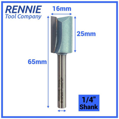 Rennie Tools - 16mm Cutting Diameter x 25mm Flute x 1/4" Shank TCT Tipped 2 Flute Straight Router Cutter Bit. 16mm Router Bit