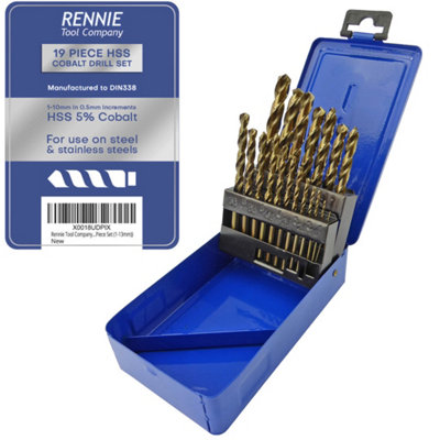 Rennie Tools 19 Piece HSS Cobalt Jobber Drill Bit Set 1-10mm In 0.5mm Increments In Metal Storage Case