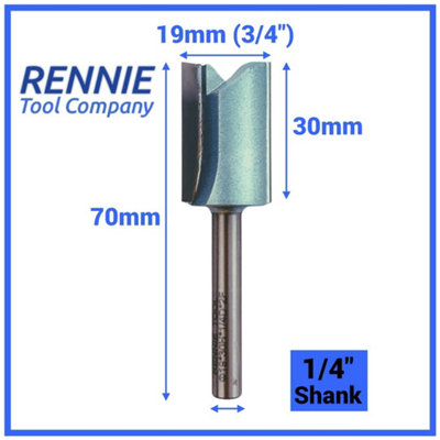 Rennie Tools - 19mm (3/4") Cutting Diameter x 30mm Flute x 1/4" Shank TCT Tipped 2 Flute Straight Router Cutter Bit.