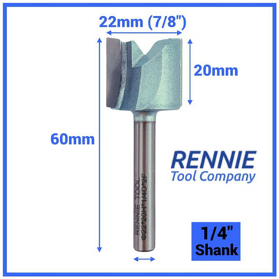 Rennie Tools - 22mm (7/8") Cutting Diameter x 20mm Flute x 1/4" Shank TCT Tipped 2 Flute Straight Router Cutter Bit.
