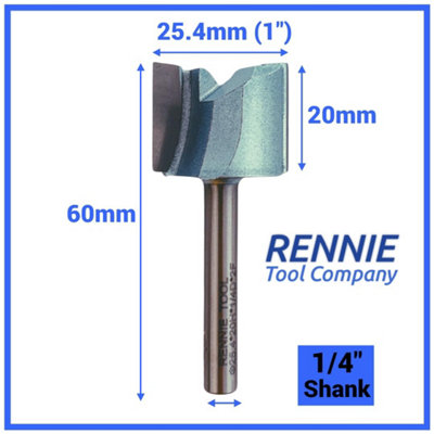 Rennie Tools - 25.4mm (1") Cutting Diameter x 20mm Flute x 1/4" Shank TCT Tipped 2 Flute Straight Router Cutter Bit.