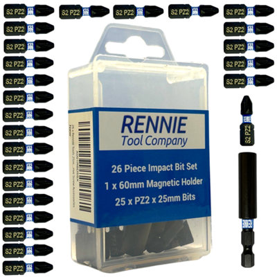 Rennie Tools 26 Pack PZ2 x 25mm Long Impact Driver Screwdriver Bits Set Pozidriv (Pozi 2) With Impact Bit Holder