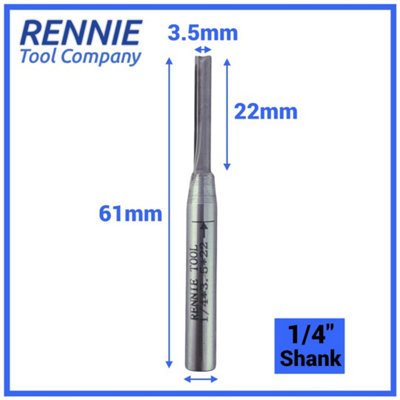 Rennie Tools - 3.5mm Cutting Diameter x 22mm Flute x 1/4" Shank TCT Tipped 2 Flute Straight Router Cutter Bit. 3.5mm Router Bit