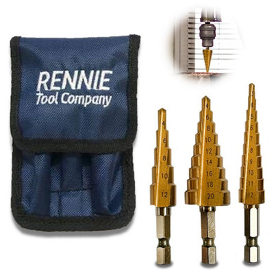 Rennie Tools 3 Piece HSS Step Drill Bit Set + Storage Pouch / 3-12mm 4-12mm 4-20mm / Titanium (TiN) Coated Cone Hole Cutter