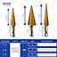 Rennie Tools 3 Piece HSS Step Drill Bit Set + Storage Pouch / 3-12mm 4-12mm 4-20mm / Titanium (TiN) Coated Cone Hole Cutter