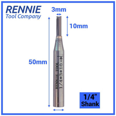 Rennie Tools - 3mm Cutting Diameter x 10mm Flute x 1/4" Shank TCT Tipped 2 Flute Straight Router Cutter Bit. 3mm Router Bit