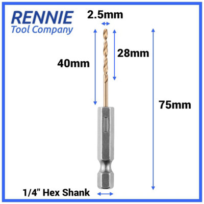 Rennie Tools - 3mm Hex Shank HSS Gold Cobalt Jobber Drill Bit For Stainless Steel, Hard Metals, Aluminium, Cast Iron, Copper.