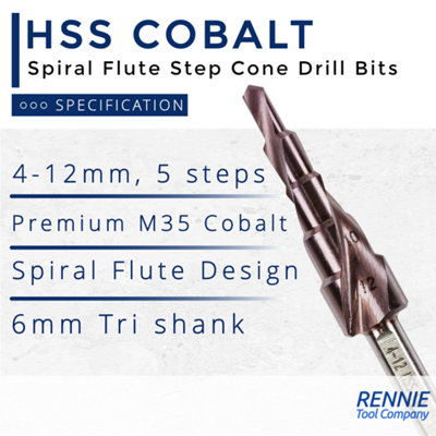 Rennie Tools 4-12mm HSS Cobalt Spiral Flute Step Cone Drill/Hole Cutter For Metal, Stainless Steel And Hard Metals. M35 8% Cobalt