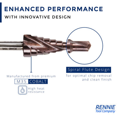 Rennie Tools 4-12mm HSS Cobalt Spiral Flute Step Cone Drill/Hole Cutter ...