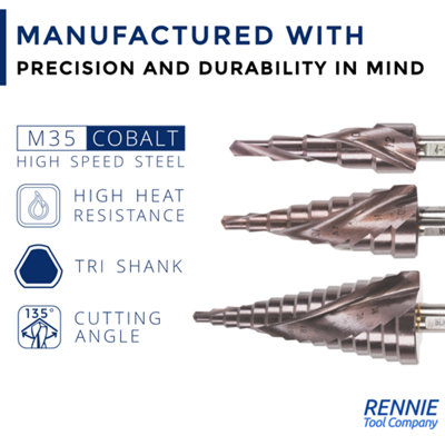 Rennie Tools 4-12mm HSS Cobalt Spiral Flute Step Cone Drill/Hole Cutter ...