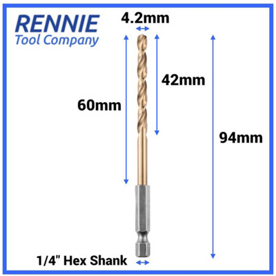 Rennie Tools - 4.2mm Hex Shank HSS Gold Cobalt Jobber Drill Bit For Stainless Steel, Hard Metals, Aluminium, Cast Iron, Copper