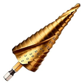 Rennie Tools 4-32mm HSS Spiral Flute Step Drill Bit Titanium (TiN) Coated Cone / Hole Cutter For Steel, Plastics & Wood