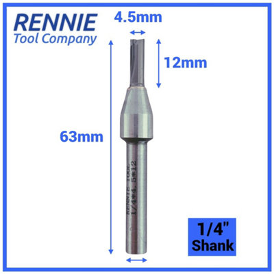 Rennie Tools - 4.5mm Cutting Diameter x 12mm Flute x 1/4" Shank TCT Tipped 2 Flute Straight Router Cutter Bit. 4.5mm Router Bit