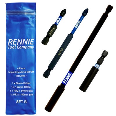 Rennie Tools 4 Piece PZ2 PH2 Long Magnetic Impact Screwdriver Bits Set With Impact Bit Holders