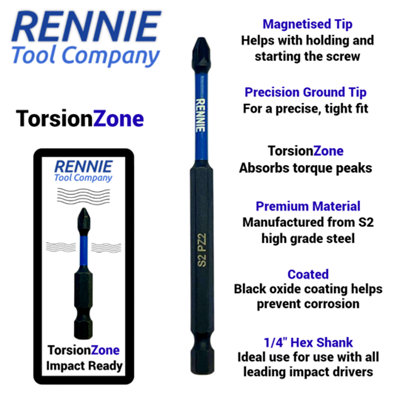 Rennie Tools 5 Pack PZ2 x 100mm Long Magnetic Impact Driver Screwdriver ...