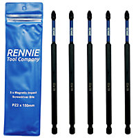 Rennie Tools 5 Pack PZ2 x 150mm Long Magnetic Impact Driver Screwdriver Bits Set Pozidriv (Pozi 2)