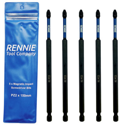 Rennie Tools 5 Pack PZ2 x 150mm Long Magnetic Impact Driver Screwdriver Bits Set Pozidriv (Pozi 2)