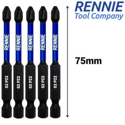 Rennie Tools 5 Pack PZ2 x 75mm Long Magnetic Impact Driver Screwdriver Bits Set Pozidriv (Pozi 2) + 60mm Bit Holder