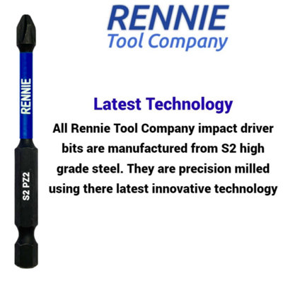 Rennie Tools 5 Pack PZ2 x 75mm Long Magnetic Impact Driver Screwdriver Bits Set Pozidriv (Pozi 2) + 60mm Bit Holder