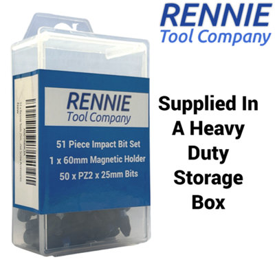 Rennie Tools 51 Pack PZ2 x 25mm Long Impact Driver Screwdriver Bits Set ...