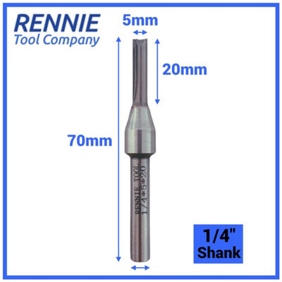 Rennie Tools - 5mm Cutting Diameter x 20mm Flute x 1/4" Shank TCT Tipped 2 Flute Straight Router Cutter Bit. 5mm Router Bit