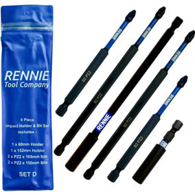 Rennie Tools 6 Piece Extra Long PZ2 Magnetic Impact Screwdriver Bits Set With Impact Bit Holders. 2 PZ2 x 100mm & 150mm