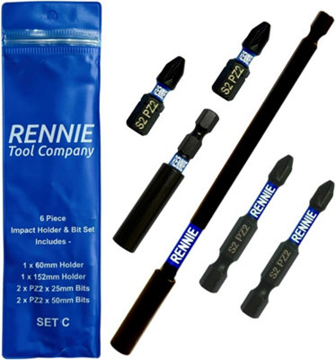 Rennie Tools 6 Piece PZ2 Impact Screwdriver Bits Set With Impact Bit Holders. 2 off PZ2 x 25mm 2 off PZ2 x 50mm + 50/150mm Holder