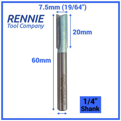 Rennie Tools - 7.5mm Cutting Diameter x 20mm Flute x 1/4" Shank TCT Tipped 2 Flute Straight Router Cutter Bit. 7.5mm Router Bit