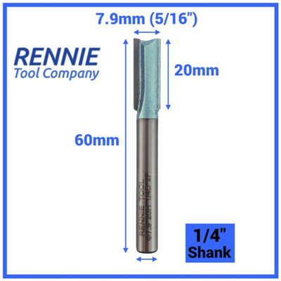 Rennie Tools - 7.9mm (5/16") Cutting Diameter x 20mm Flute x 1/4" Shank TCT Tipped 2 Flute Straight Router Cutter Bit.