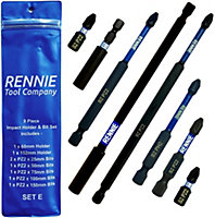 Rennie Tools 8 Piece Extra Long PZ2 Magnetic Impact Screwdriver Bits Set With Impact Bit Holders 25/50/75/100/150mm + Holders